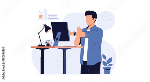 Man working at standing desk, stretching arms, modern office, remote work