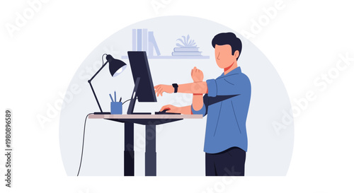 Man working at standing desk, stretching arms, modern office, healthy lifestyle