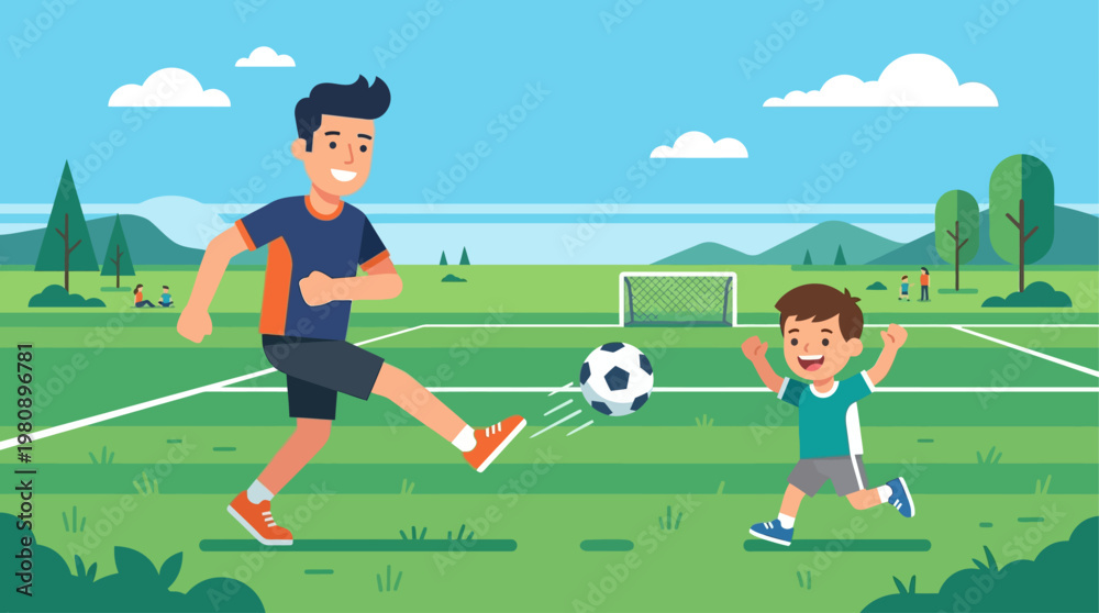 Obraz premium This flat design illustration captures the joy and energy of a father and child playing soccer together in a field, representing shared hobbies, active lifestyles, and family fun.