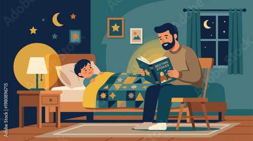 A heartwarming flat design illustration showcasing a father reading a bedtime story to his child, symbolizing comfort, bonding, and the nurturing aspect of fatherhood. 