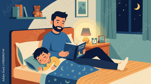 A heartwarming flat design illustration showcasing a father reading a bedtime story to his child, symbolizing comfort, bonding, and the nurturing aspect of fatherhood. 