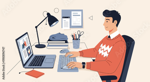 Man working on laptop and keyboard at desk, modern home office setup, flat illustration
