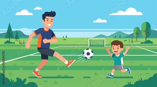 This flat design illustration captures the joy and energy of a father and child playing soccer together in a field, representing shared hobbies, active lifestyles, and family fun.