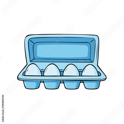 Open blue carton holding four white oval eggs ready for breakfast preparation or grocery shopping
