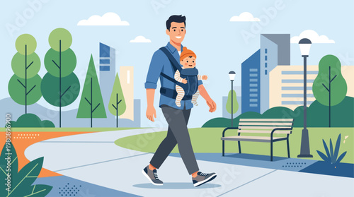 This flat design illustration showcases a modern father carrying his baby in a front carrier, representing engaged fatherhood, parental bonding, and contemporary family life.