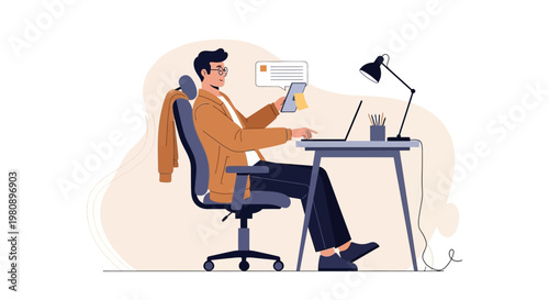 Man Working on Laptop and Tablet at Desk, Remote Work, Home Office Setup