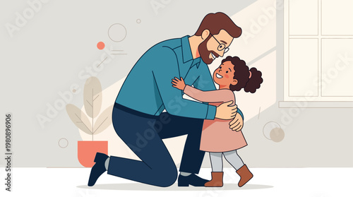A tender flat design illustration capturing a father and children in a loving embrace, symbolizing affection, security, and the special bond they share. It conveys warmth and emotional connection.