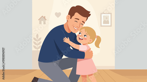 A tender flat design illustration capturing a father and children in a loving embrace, symbolizing affection, security, and the special bond they share. It conveys warmth and emotional connection.