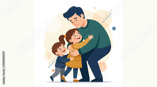 A tender flat design illustration capturing a father and children in a loving embrace, symbolizing affection, security, and the special bond they share. It conveys warmth and emotional connection.