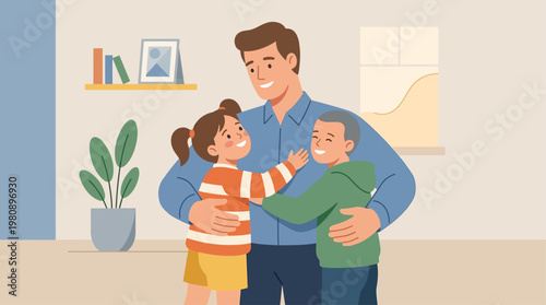 A tender flat design illustration capturing a father and children in a loving embrace, symbolizing affection, security, and the special bond they share. It conveys warmth and emotional connection.
