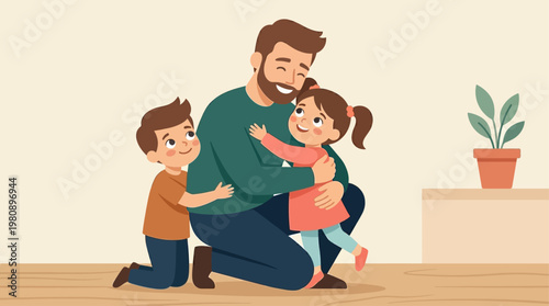 A tender flat design illustration capturing a father and children in a loving embrace, symbolizing affection, security, and the special bond they share. It conveys warmth and emotional connection.