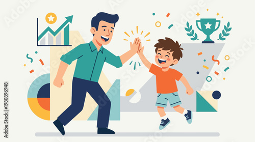 This energetic flat design illustration depicts a father and son sharing a high-five, symbolizing teamwork, encouragement, and the joyful bond between them. 