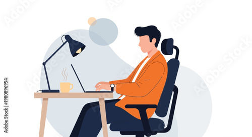 Man Working on Laptop at Desk with Coffee and Lamp, Remote Work Concept