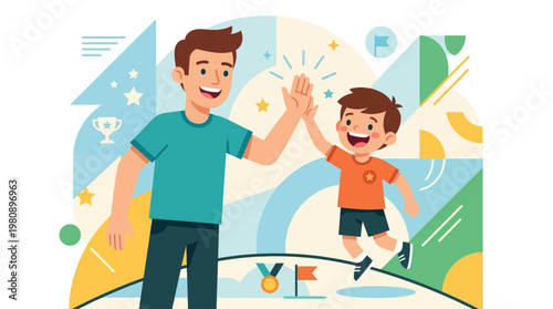 This energetic flat design illustration depicts a father and son sharing a high-five, symbolizing teamwork, encouragement, and the joyful bond between them. 
