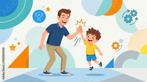 This energetic flat design illustration depicts a father and son sharing a high-five, symbolizing teamwork, encouragement, and the joyful bond between them. 