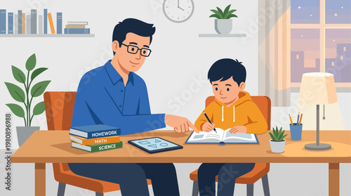 A supportive flat design illustration showing a father patiently helping his child with homework, representing parental guidance, education, and dedicated family time.