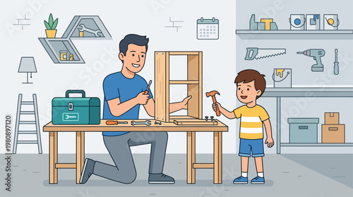 This dynamic flat design illustration shows a father involved in a DIY project with his child observing, symbolizing hands-on learning, shared hobbies, and the practical side of fatherhood. 