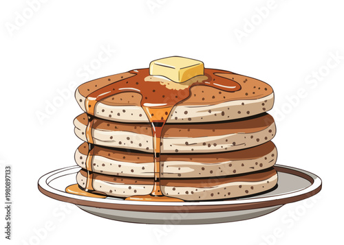 A stack of pancakes with butter and syrup.