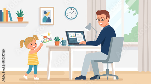 This relatable flat design illustration portrays a father working from home while his child interacts nearby, symbolizing the balance of professional and family life.