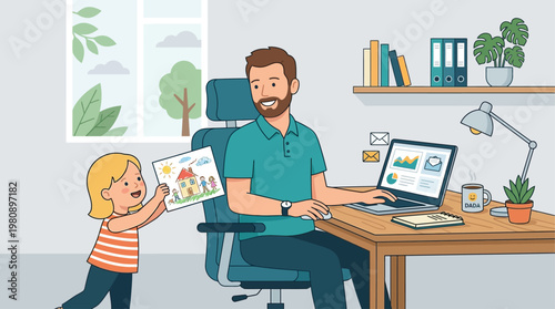 This relatable flat design illustration portrays a father working from home while his child interacts nearby, symbolizing the balance of professional and family life. 
