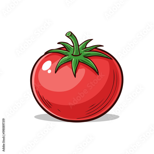 Vibrant Red Tomato with Green Stem and Leaves Illustration