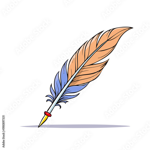 Orange and blue quill pen drawing with red accent for writing and art
