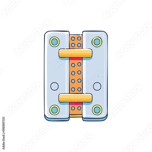 Cartoon industrial metal buckle fastening with orange and blue accents