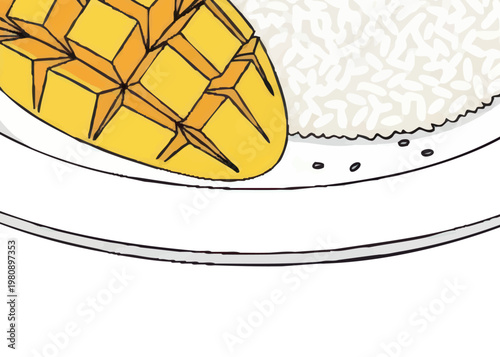 A plate of sliced mango and rice.