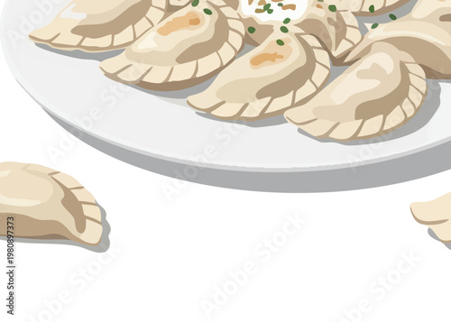 A plate of dumplings with herbs.