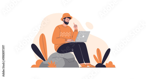 Man working on laptop outdoors, sitting on rock, creative concept, nature background