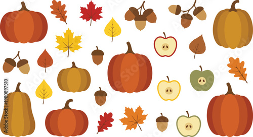 Autumn harvest flat vector collection. Features pumpkins, acorns, apples, and colorful fall leaves. Seasonal design elements for Thanksgiving, Halloween, and harvest festival themes.