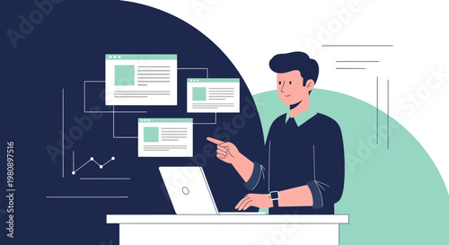 Man working on laptop with data charts and web pages, business analytics concept