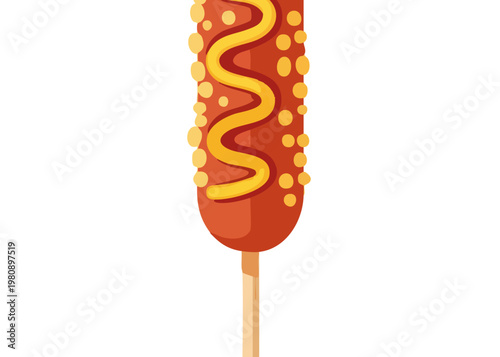 A cartoon hot dog on a stick.