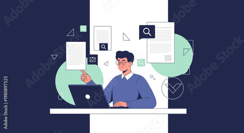Man working on laptop with documents and search icons, business concept illustration