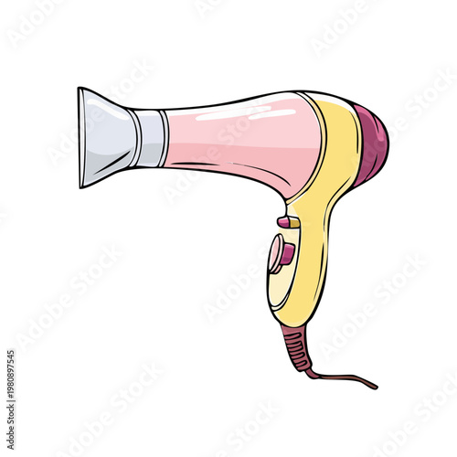 Stylized pastel pink and yellow hairdryer with a cord for hair drying and styling