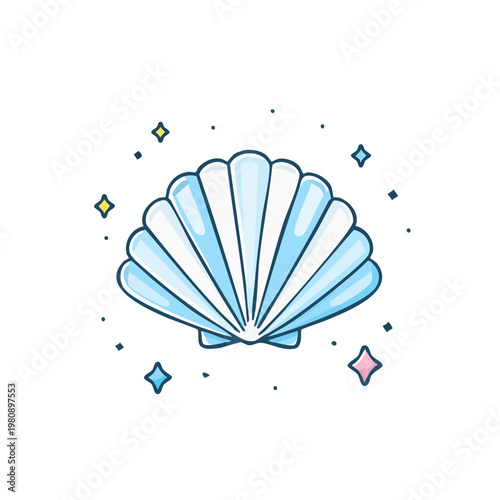 Delicate illustration of a pearlescent seashell surrounded by sparkling stars and light flares