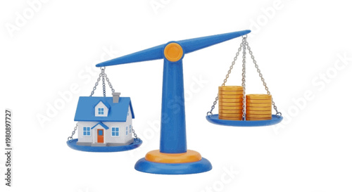Vector illustration of a model house and stacks of gold coins on a balance scale on a transparent background