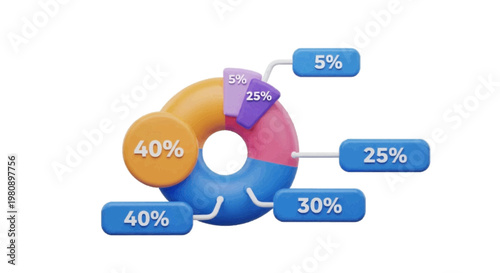Vector illustration of 3d donut chart with percentage segments on a transparent background