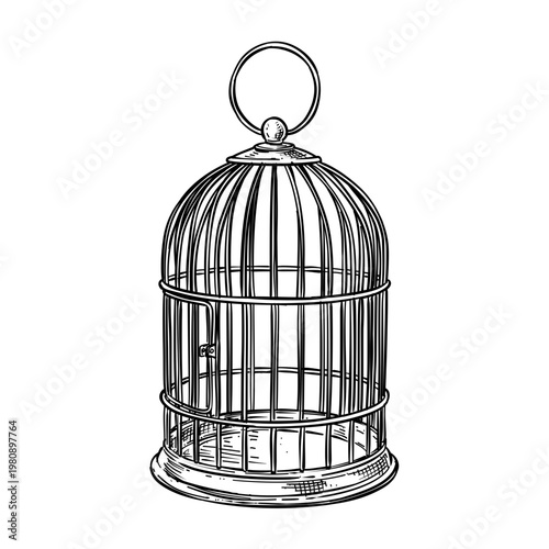 bird cage vector line art hand drawn illustration
