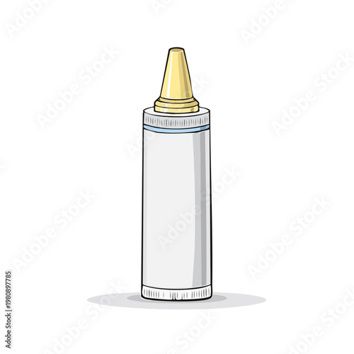 Cartoon drawing of a white squeeze bottle with a yellow nozzle for condiments or sauces
