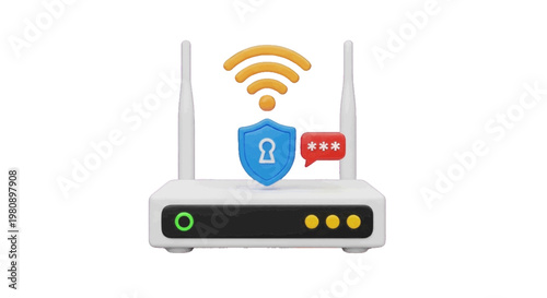 Vector illustration of 3d illustration of a secure wifi router with a shield and password icon on a transparent background