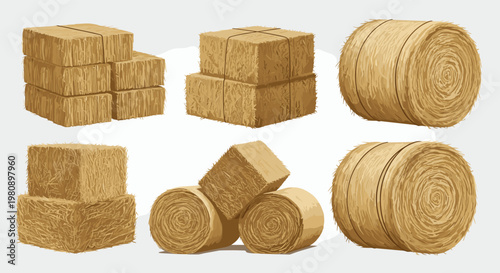 Different shapes and sizes of dried hay bales including square blocks and large round rolls stacked on a farm field during harvest season.