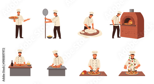 Professional chefs in white uniforms preparing delicious pizzas from rolling dough to baking in a traditional stone oven.