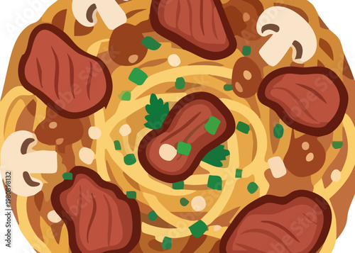 Delicious plate of spaghetti with meat and mushrooms.