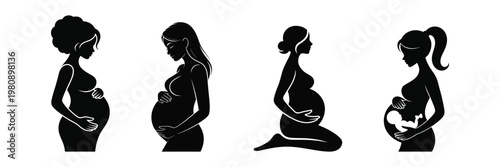 Four black silhouette illustrations of pregnant women in various poses