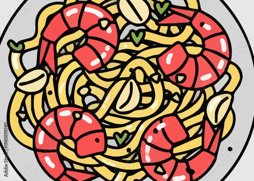 A plate of shrimp pasta with garlic.