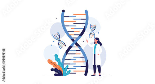 Female scientist in a white lab coat standing next to a large glowing double helix dna model for genetic research and biotechnology studies.