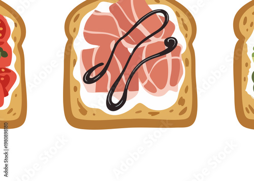 a set of toast with different toppings.