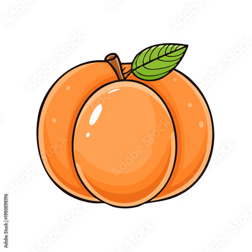 Vibrant Cartoon Peach with a Single Green Leaf and Stem Illustration