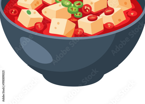 Spicy kimchi stew with tofu cubes.